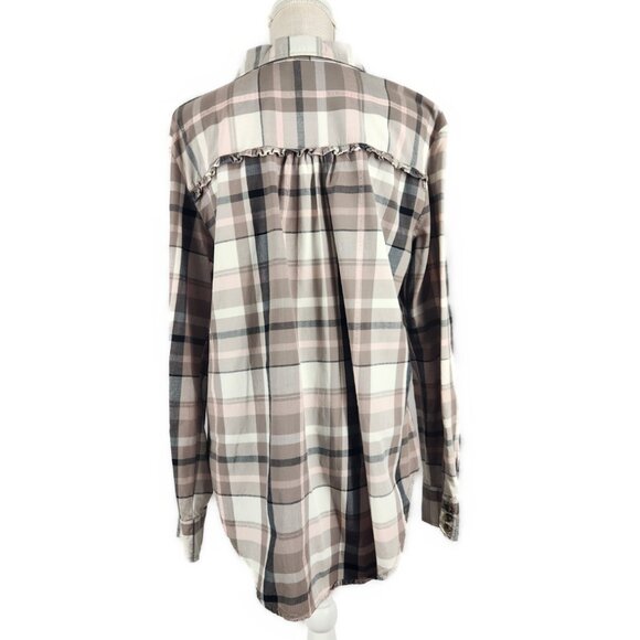 Shyanne Western Button Up Shirt Women's L Brown Pink Plaid Ruffle Feminine - Picture 2 of 8